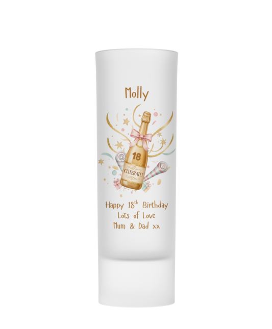 Personalised Shot Glass - Celebrate Champagne Bottle Birthday Design