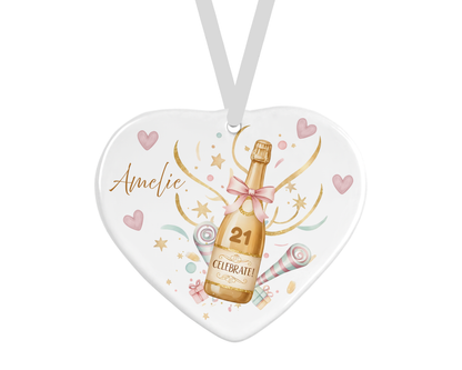 Personalised Ceramic Heart - Celebrate Champagne Birthday Design