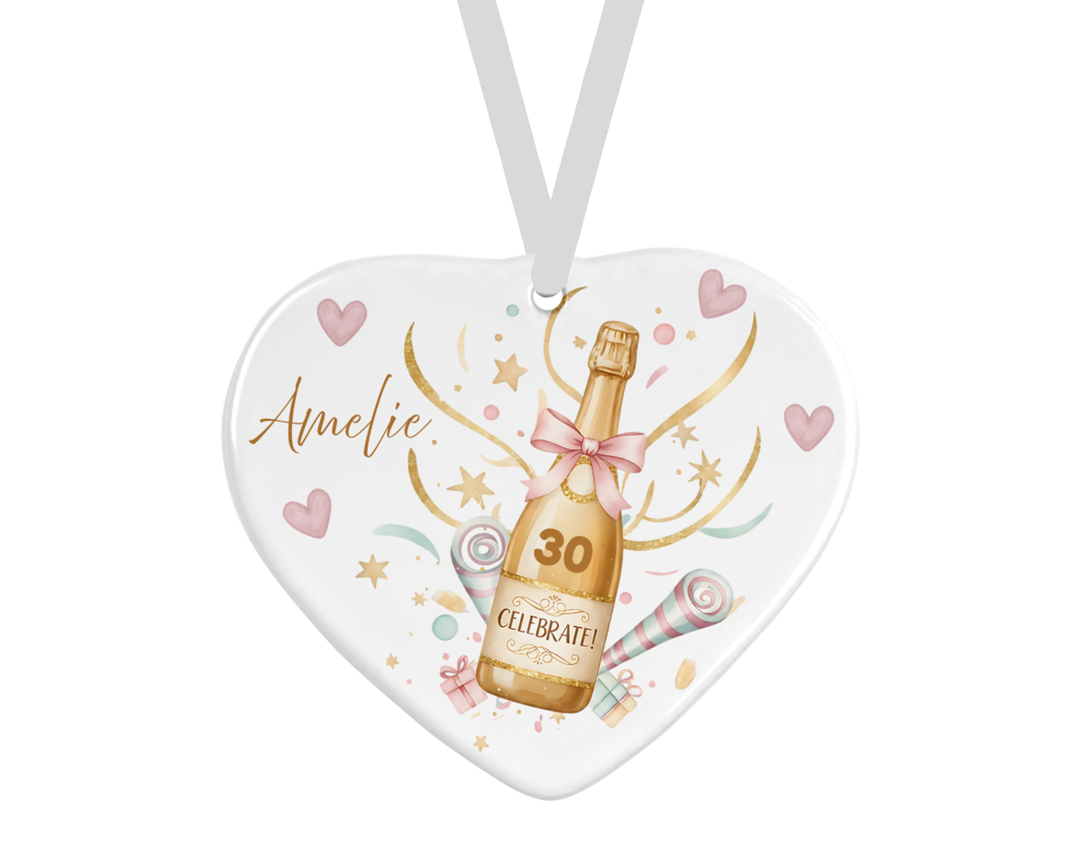 Personalised Ceramic Heart - Celebrate Champagne Birthday Design