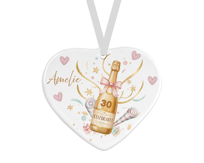 Personalised Ceramic Heart - Celebrate Champagne Birthday Design
