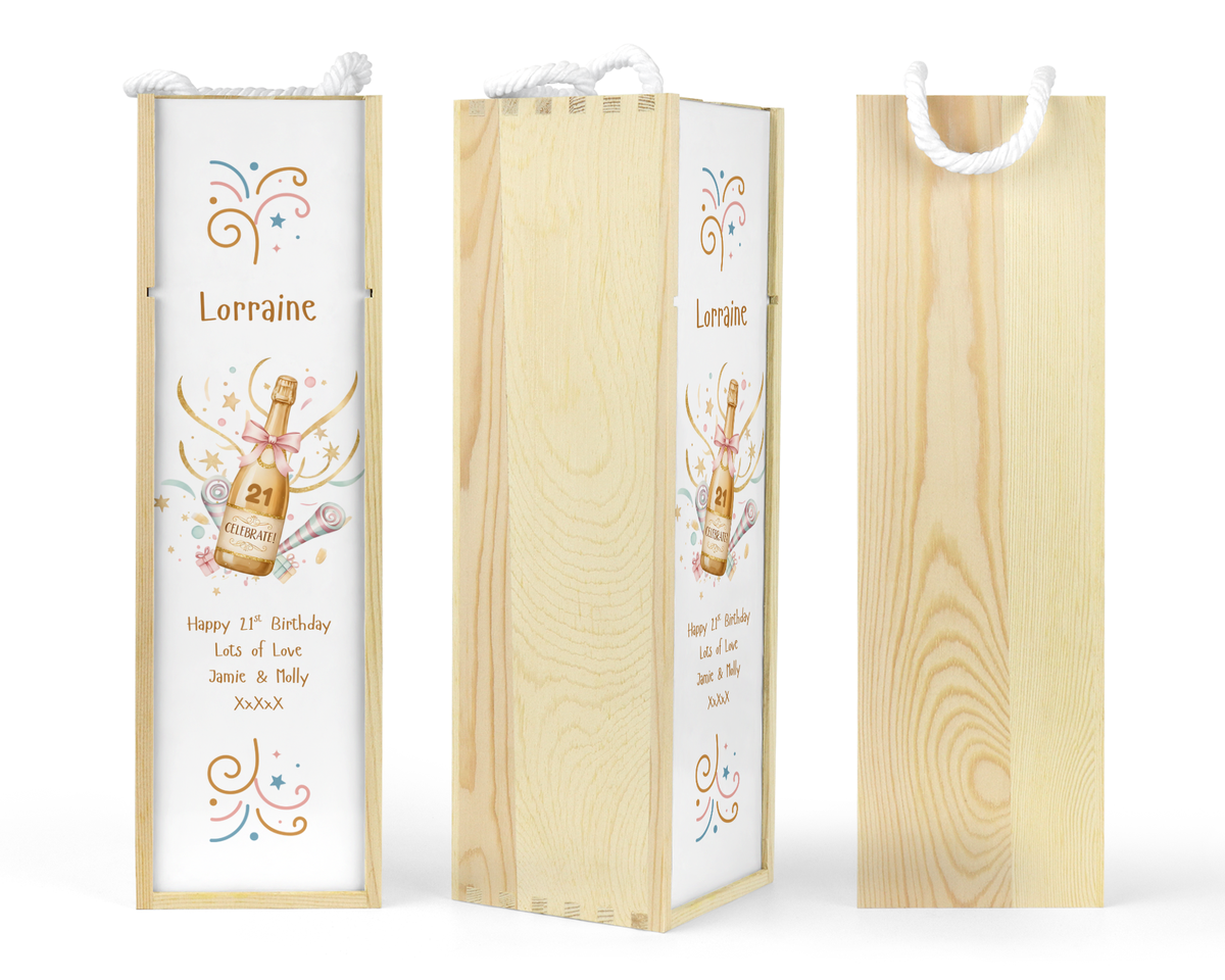 Personalised Wooden Wine Bottle Gift Box - Celebrate Bottle Birthday Design