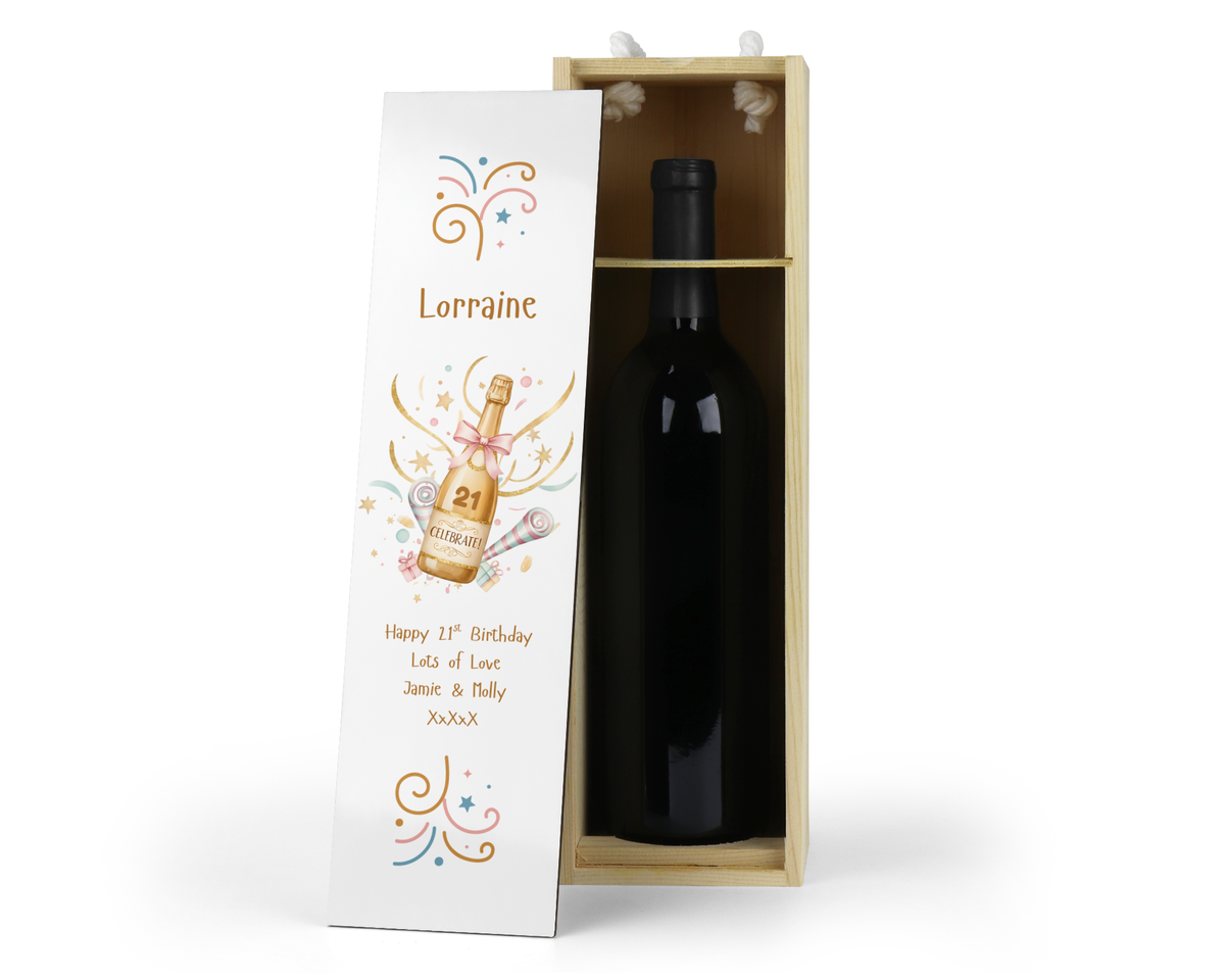 Personalised Wooden Wine Bottle Gift Box - Celebrate Bottle Birthday Design