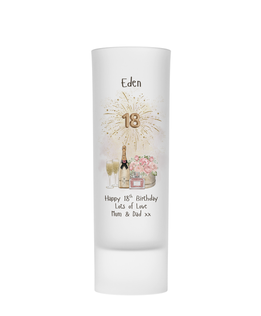 Personalised Shot Glass - 18th Birthday Champagne Floral Birthday Design