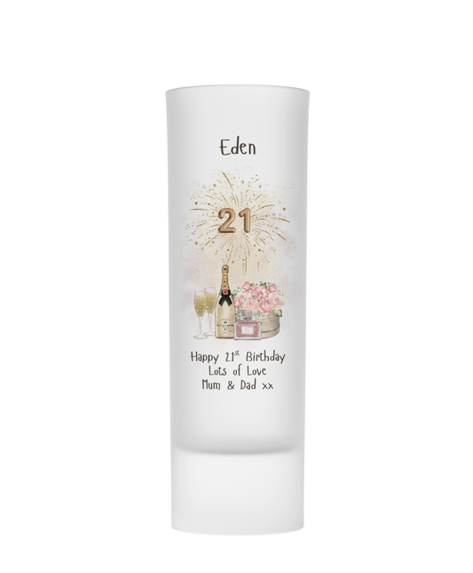 Personalised Shot Glass - 21st Birthday Champagne Floral Birthday Design