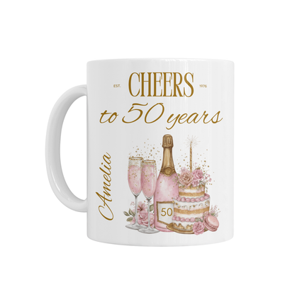 Personalised Ceramic Mug - Pink Cheers to 50 Years Design