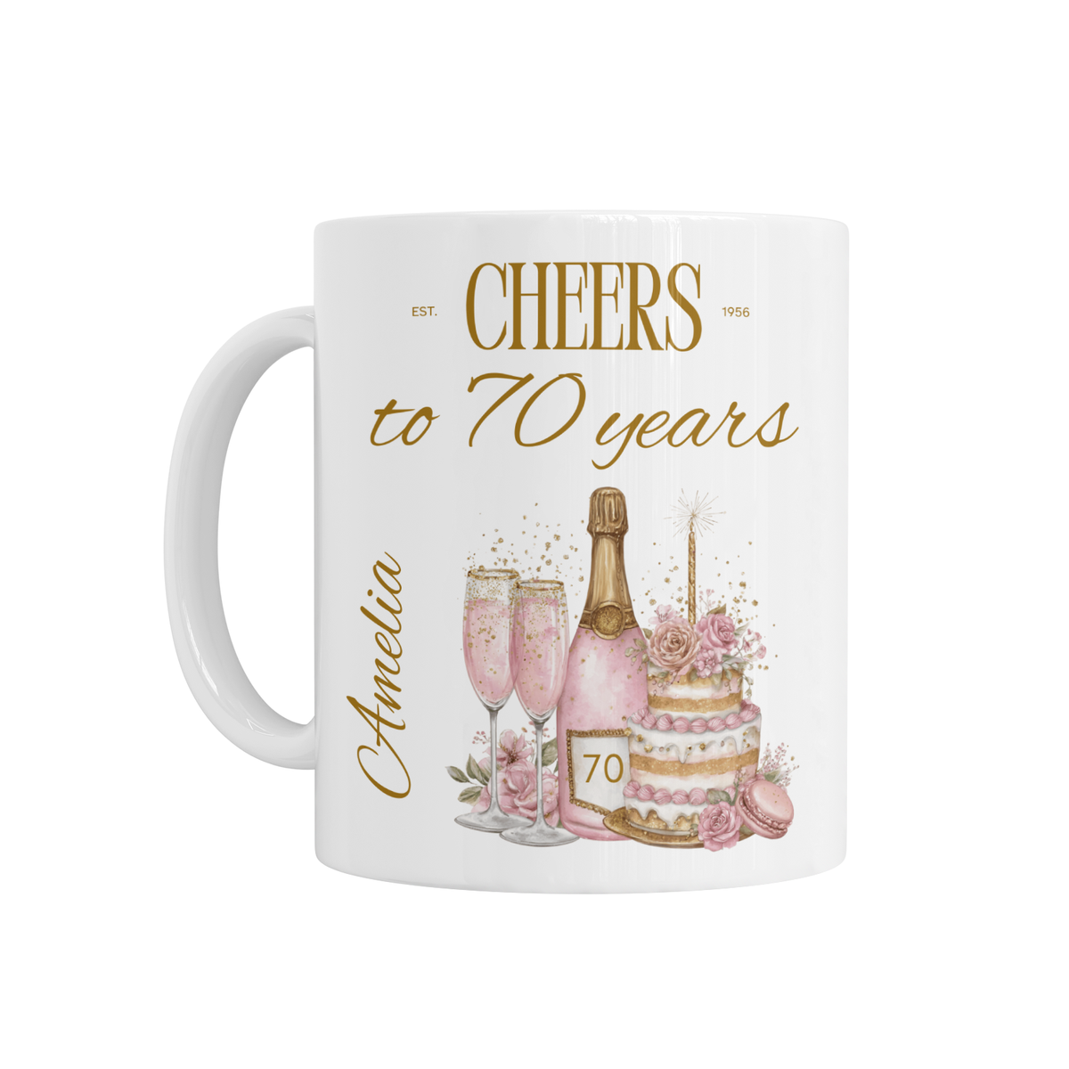 Personalised Ceramic Mug - Pink Cheers to 70 Years Design