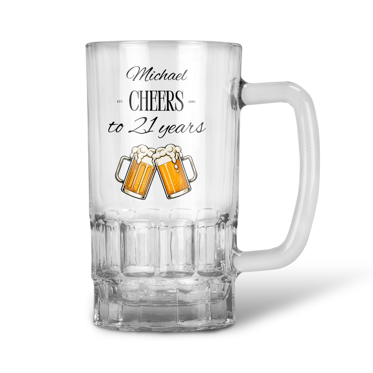 Personalised 20oz Pint Clear Glass Beer Tankard Mug - Cheers to 21 Years Design
