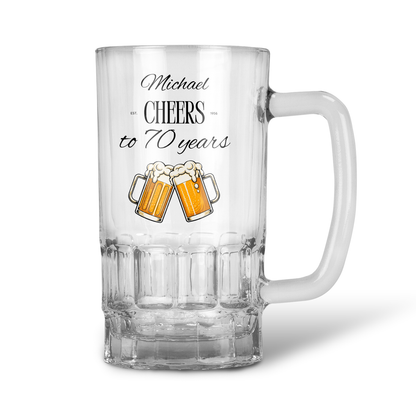 Personalised 20oz Pint Clear Glass Beer Tankard Mug - Cheers to 70 Years Design