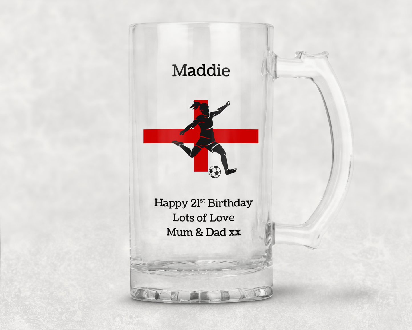 Personalised Clear Glass Tankard (0.8 Pint) - England Women's Football Design