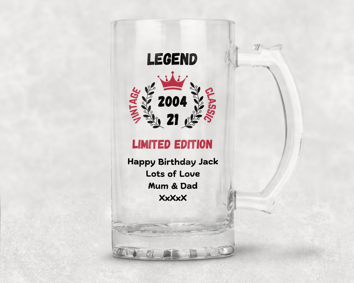 Personalised Clear Glass Tankard (0.8 Pint) - Legend Limited Edition Birthday Design