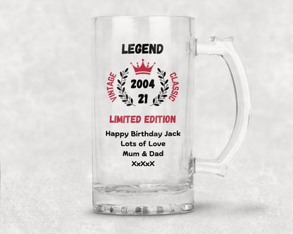 Personalised Clear Glass Tankard (0.8 Pint) - Legend Limited Edition Birthday Design