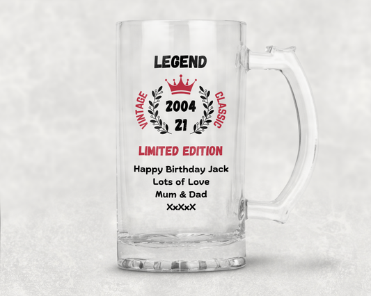 Personalised Clear Glass Tankard (0.8 Pint) - Legend Limited Edition Birthday Design