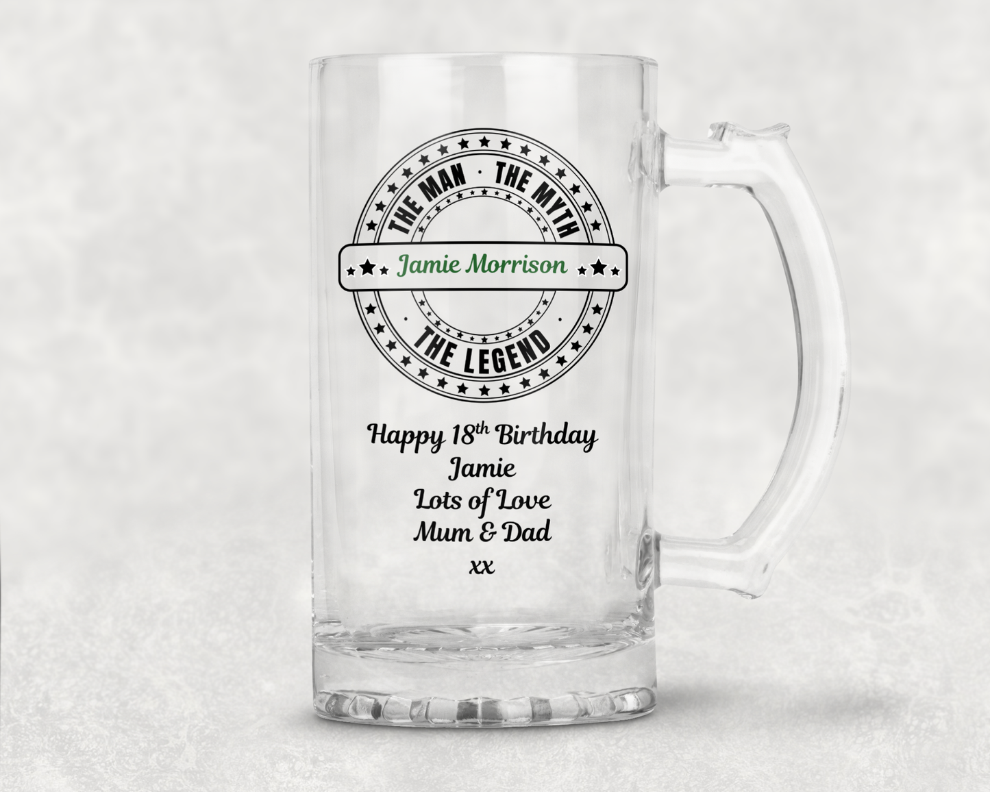 Personalised Clear Glass Beer Tankard Mug - The Man The Myth The Legend Design
