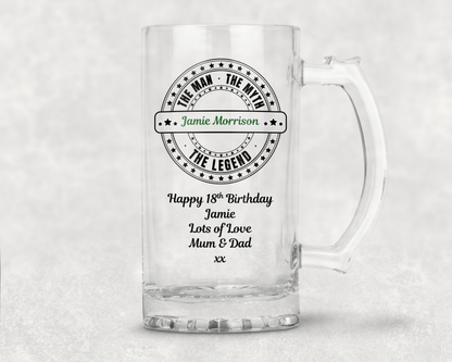 Personalised Clear Glass Beer Tankard Mug - The Man The Myth The Legend Design