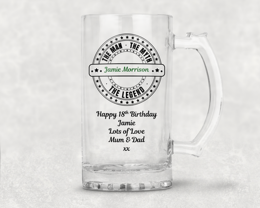 Personalised Clear Glass Beer Tankard Mug - The Man The Myth The Legend Design