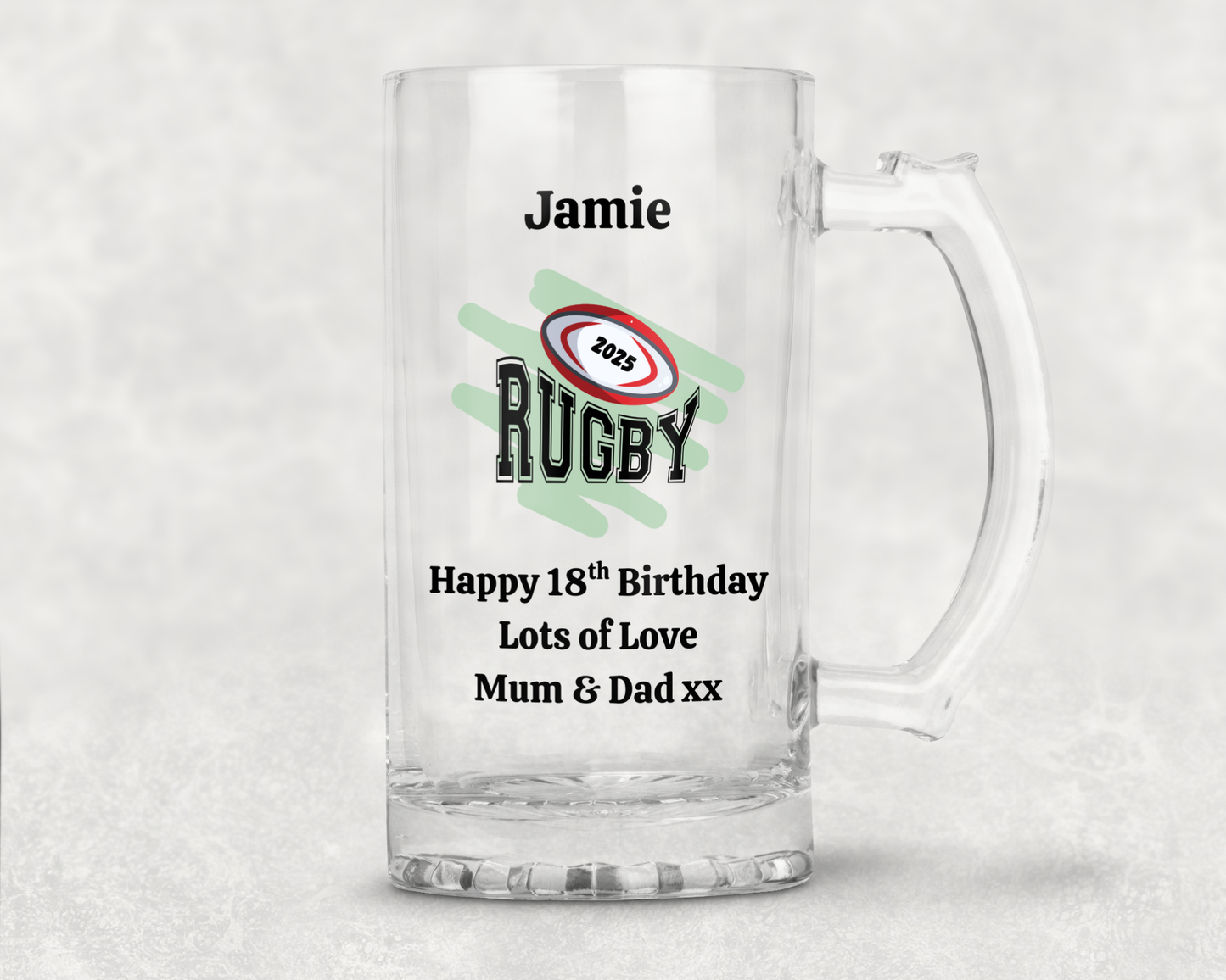 Personalised Clear Glass Tankard (0.8 Pint) - Rugby 2025 Design
