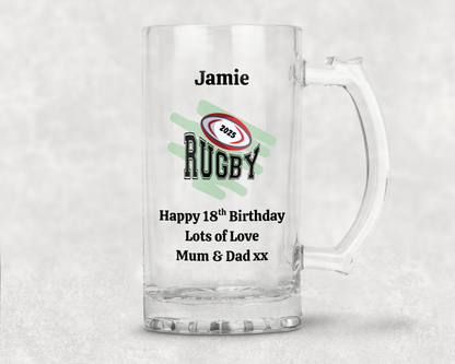 Personalised Clear Glass Tankard (0.8 Pint) - Rugby 2025 Design