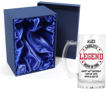 Personalised Clear Glass Beer Tankard Mug - Absolute Legend Birthday Design