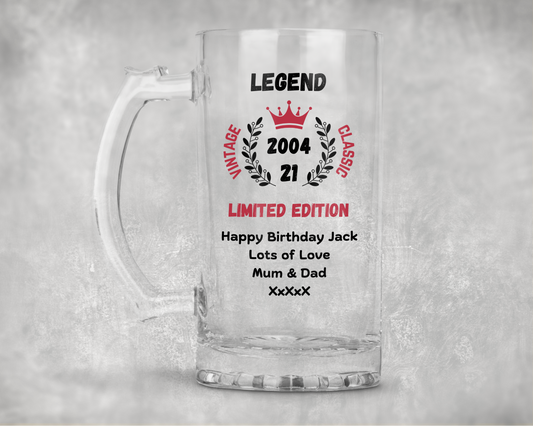 Personalised Clear Glass Tankard - Legend Limited Edition Birthday Design
