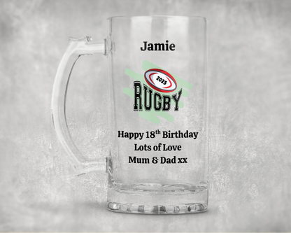 Personalised Clear Glass Tankard - Rugby 2025 Design