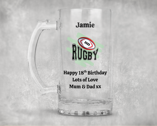 Personalised Clear Glass Tankard - Rugby 2025 Design