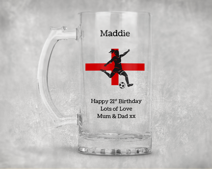 Personalised Clear Glass Tankard - England Women's Football Design