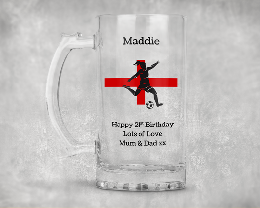 Personalised Clear Glass Tankard - England Women's Football Design