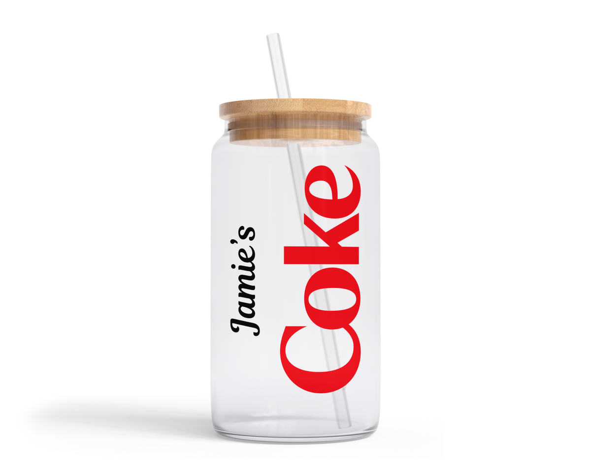 Personalised Clear Glass Tumbler with Lid & Straw - Coke Design