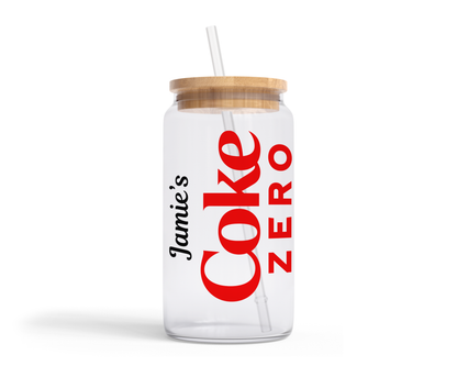Personalised Clear Glass Tumbler with Lid & Straw - Coke Zero Design