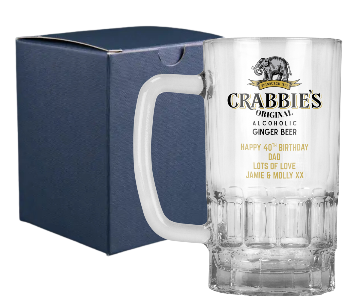 Personalised 20oz Pint Clear Glass Beer Tankard Mug - Crabbie's Alcoholic Ginger Beer Design