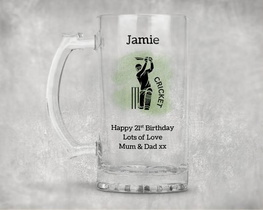 Personalised Clear Glass Tankard - Cricket Design