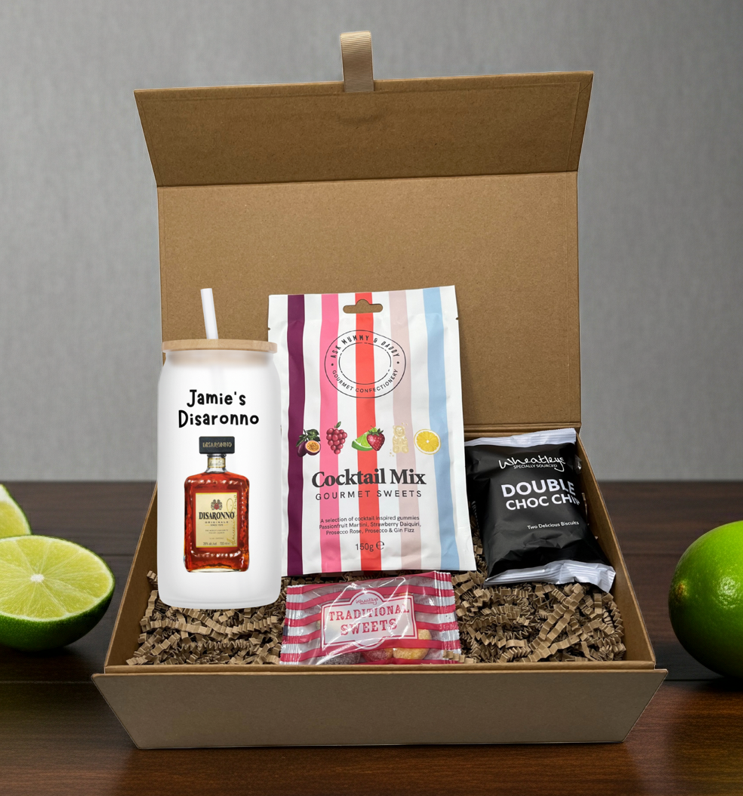 Personalised Disaronno Design Frosted Glass Tumbler Hamper Gift Box