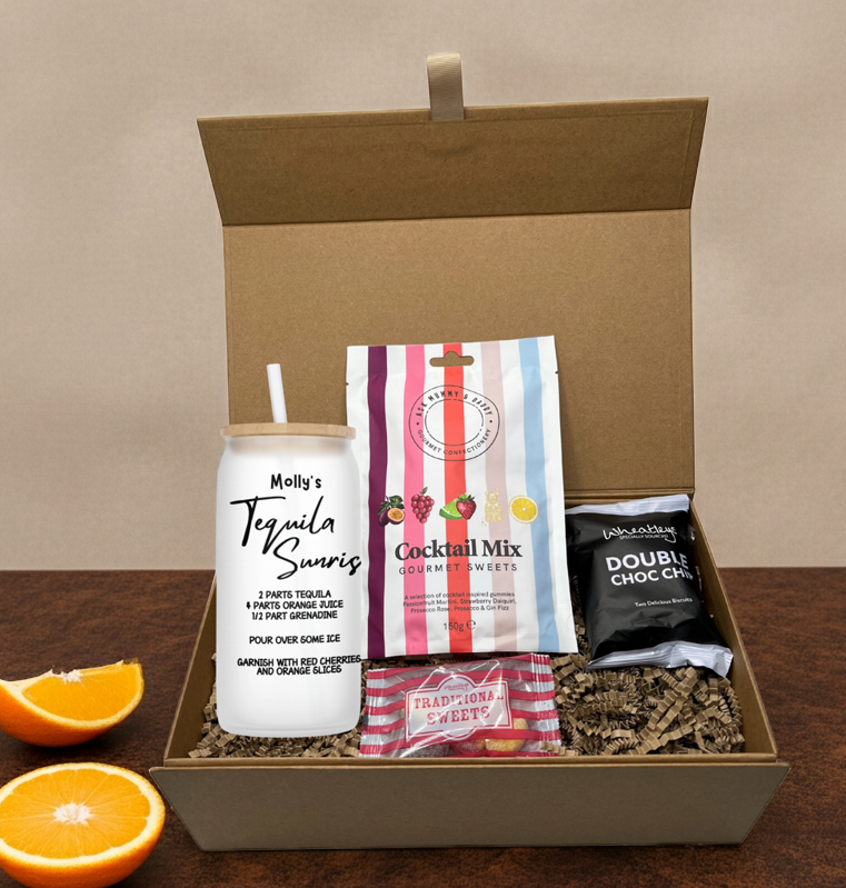 Personalised Tequila Sunrise Cocktail Design Frosted Glass Tumbler Hamper Gift Box