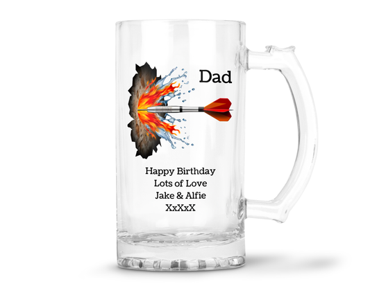 Personalised Clear Glass Beer Tankard Mug - Darts Design