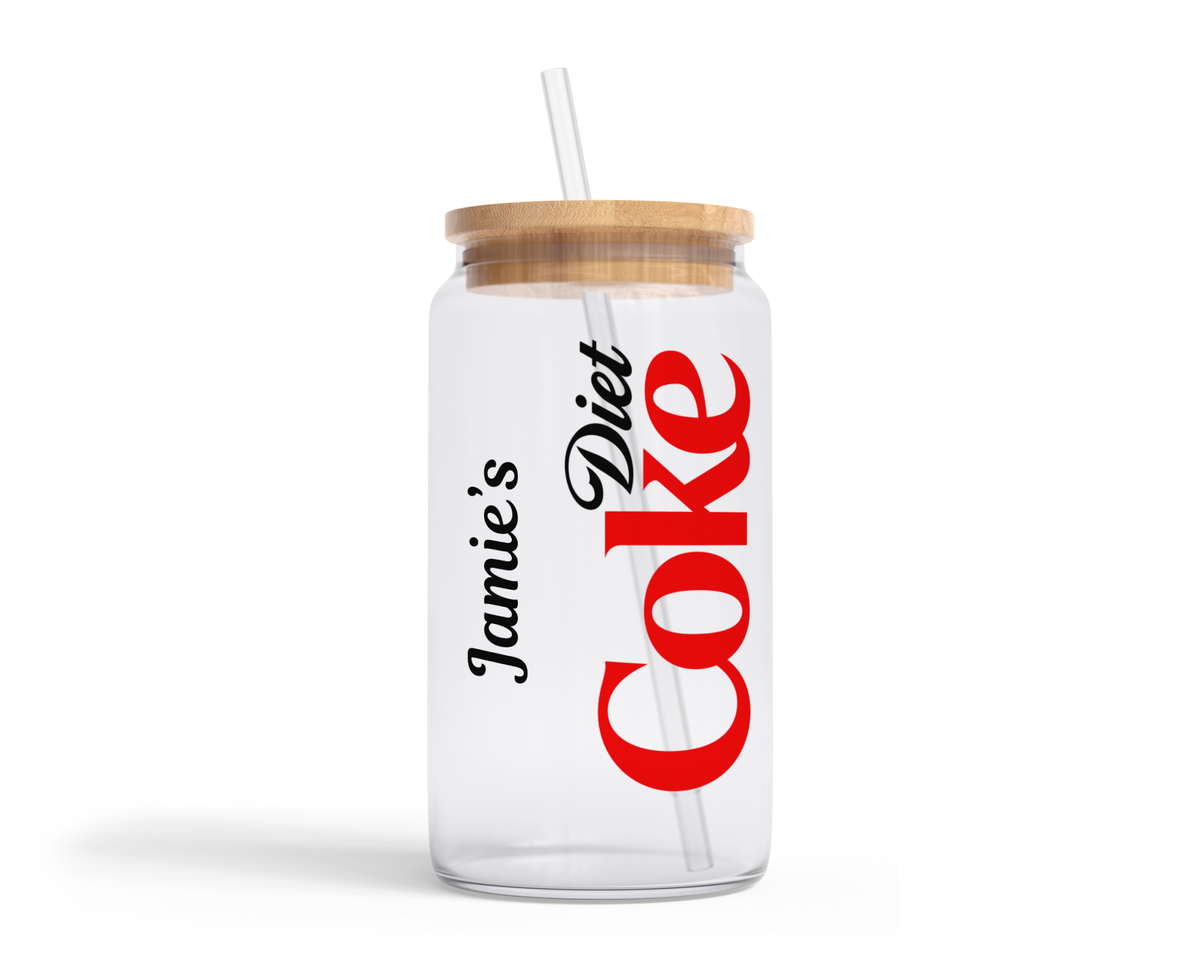 Personalised Clear Glass Tumbler with Lid & Straw - Diet Coke Design