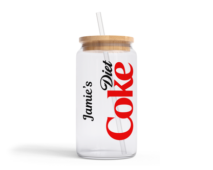 Personalised Clear Glass Tumbler with Lid & Straw - Diet Coke Design