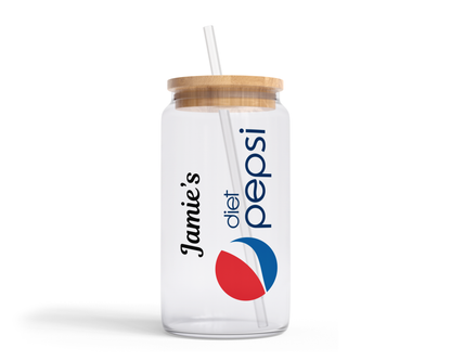 Personalised Clear Glass Tumbler with Lid & Straw - Diet Pepsi Design