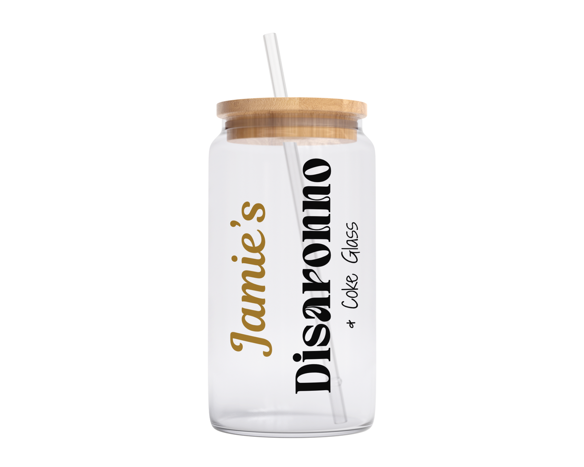Personalised Clear Glass Tumbler with Lid & Straw - Disaronno Design