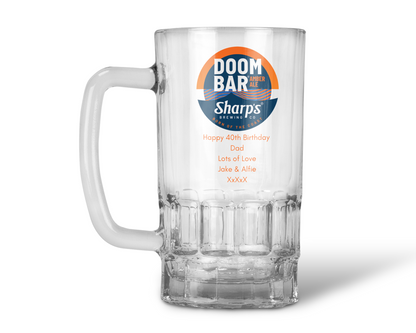 Personalised 20oz Pint Clear Glass Beer Tankard Mug - Doom Bar Amber Ale Design