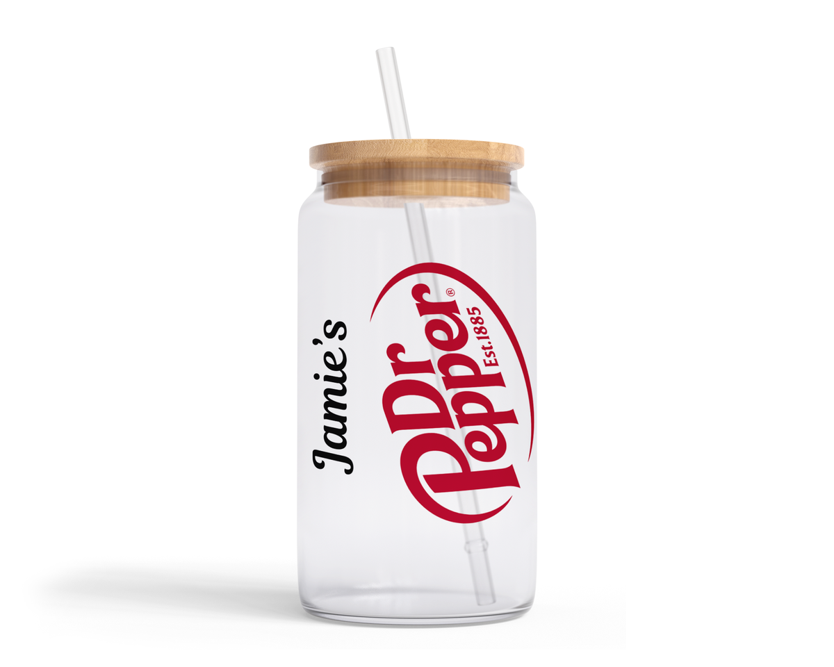 Personalised Clear Glass Tumbler with Lid & Straw - Dr Pepper Design
