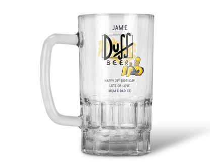 Personalised 20oz Pint Clear Glass Beer Tankard Mug - The Simpsons Duff Beer Design