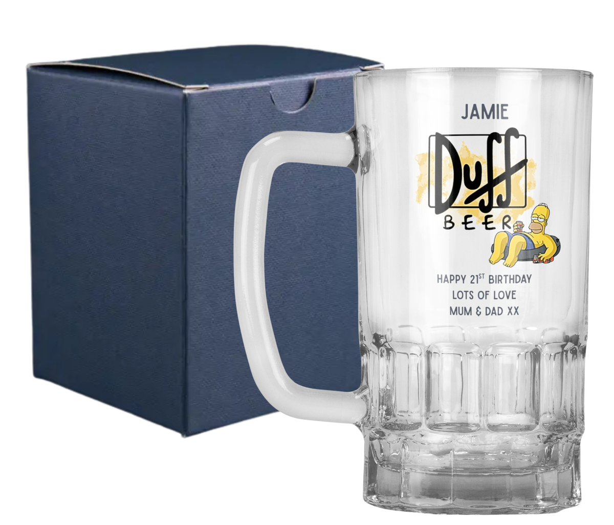 Personalised 20oz Pint Clear Glass Beer Tankard Mug - The Simpsons Duff Beer Design