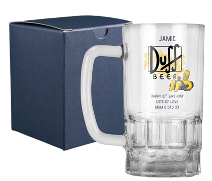Personalised 20oz Pint Clear Glass Beer Tankard Mug - The Simpsons Duff Beer Design