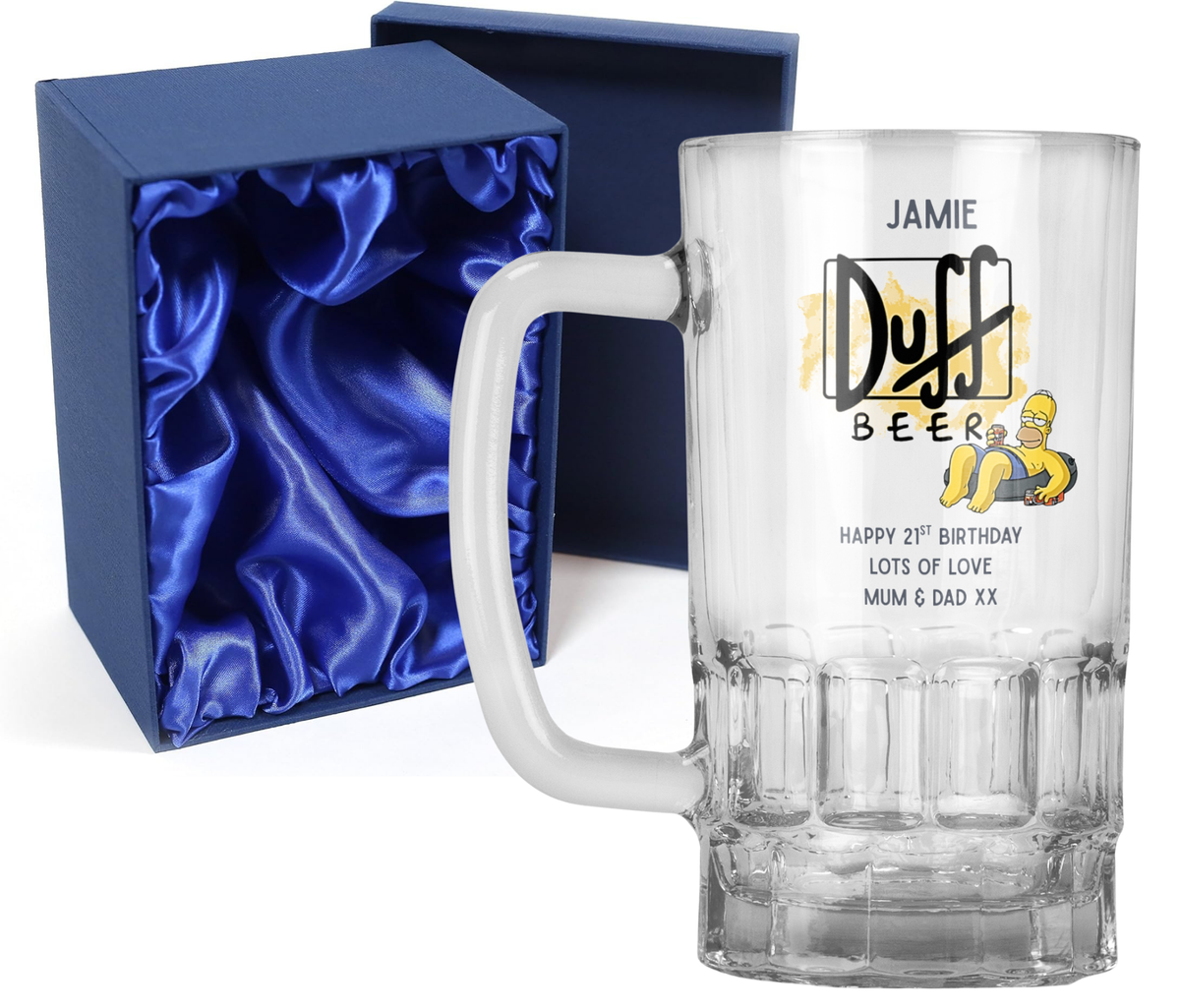 Personalised 20oz Pint Clear Glass Beer Tankard Mug - The Simpsons Duff Beer Design