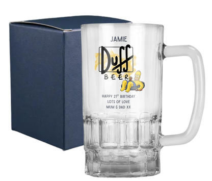 Personalised 20oz Pint Clear Glass Beer Tankard Mug - The Simpsons Duff Beer Design