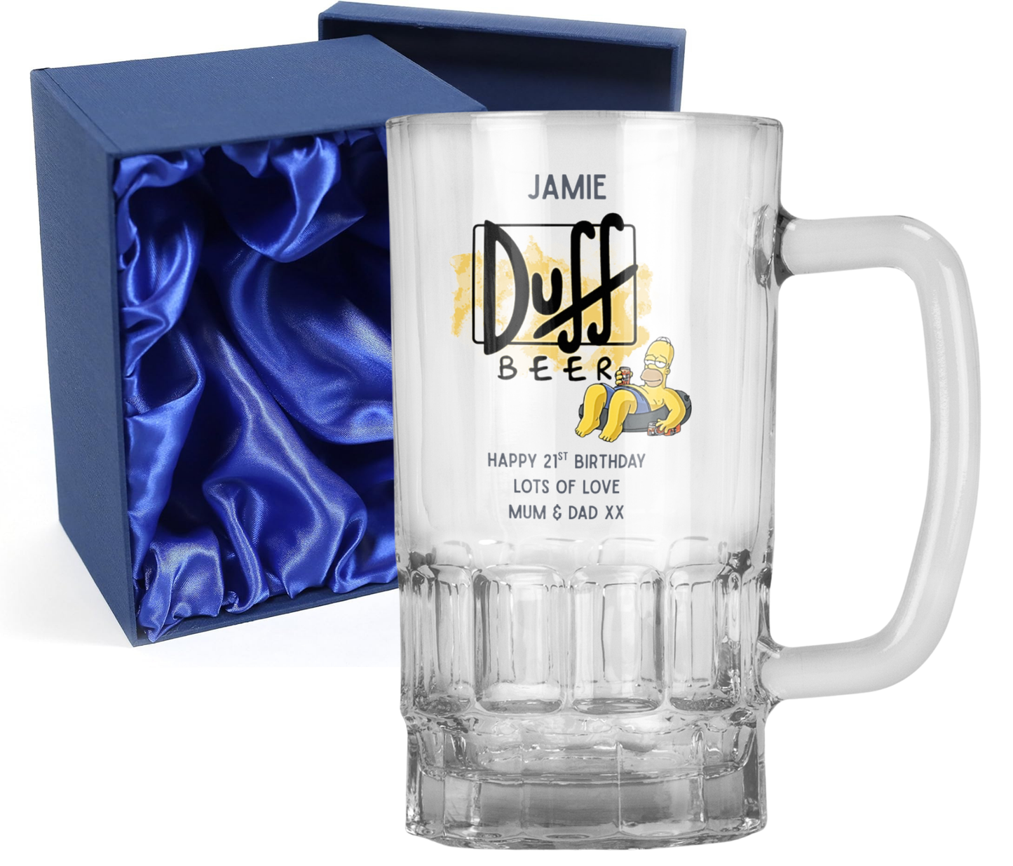 Personalised 20oz Pint Clear Glass Beer Tankard Mug - The Simpsons Duff Beer Design