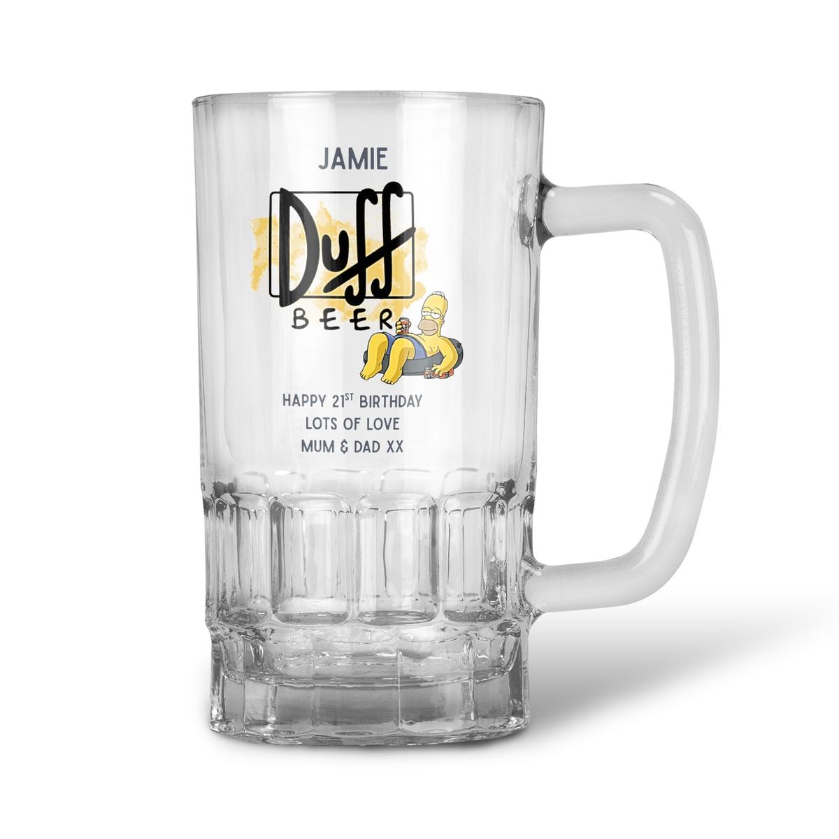 Personalised 20oz Pint Clear Glass Beer Tankard Mug - The Simpsons Duff Beer Design
