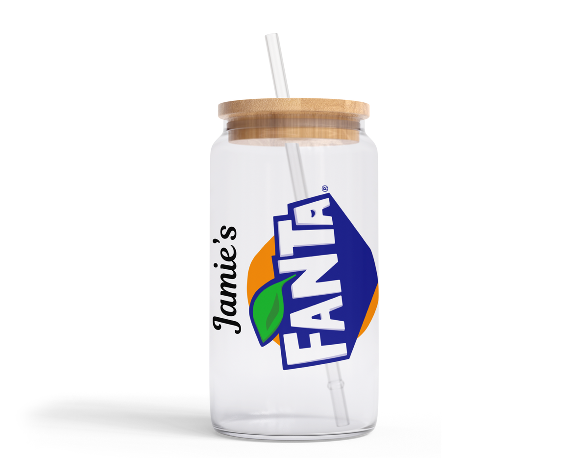 Personalised Clear Glass Tumbler with Lid & Straw - Fanta Design