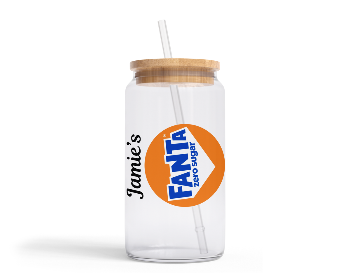 Personalised Clear Glass Tumbler with Lid & Straw - Fanta Zero Design