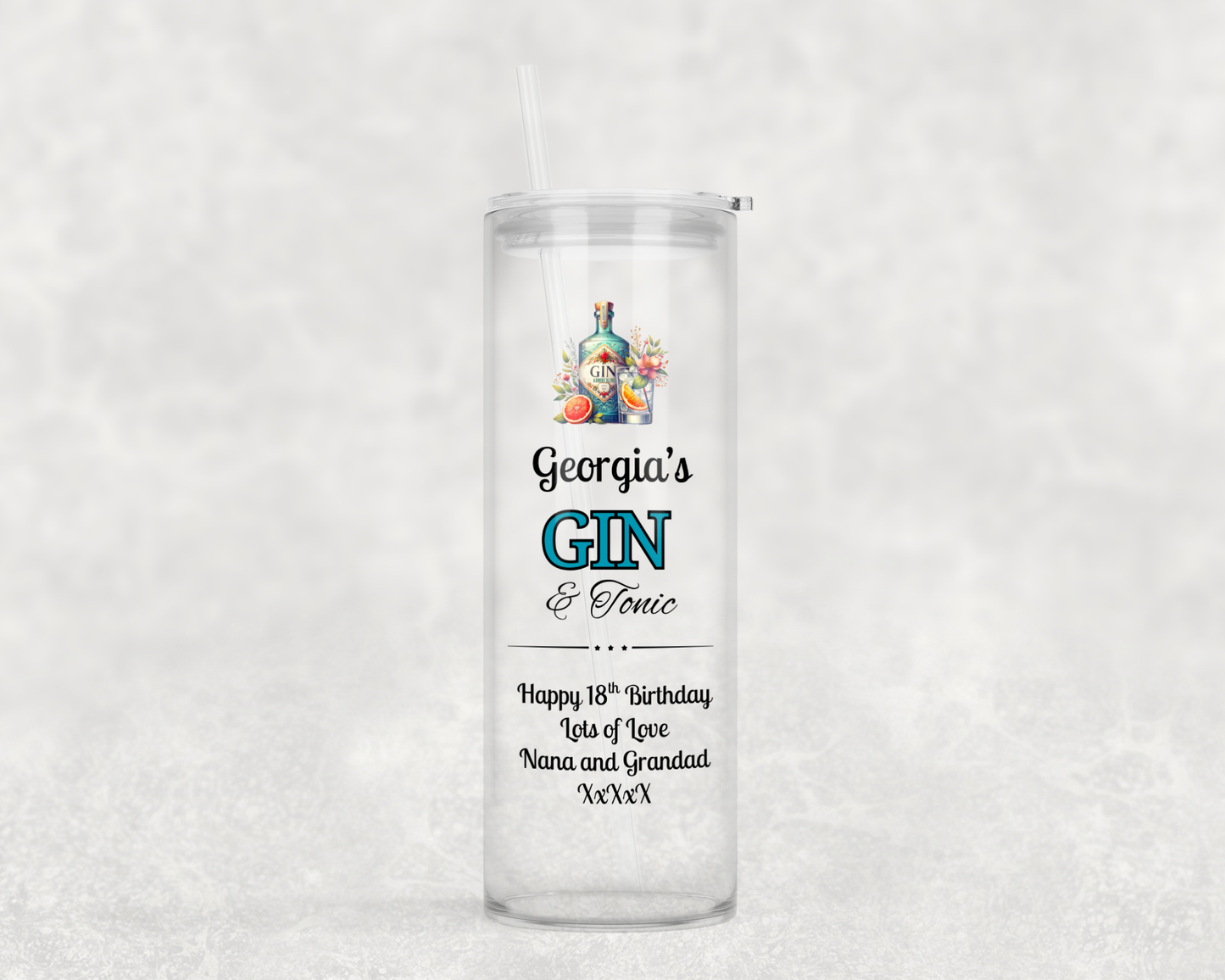 Personalised Tall Glass Tumbler - Gin & Tonic Design